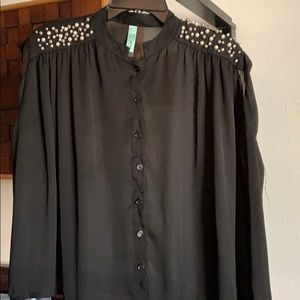 Sleeveless sheer top pearl/gold beads shoulders.